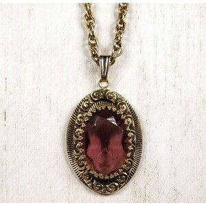 Vintage Victorian Style Prong Set Oval Purple Crystal Gold Tone Pendant Necklace